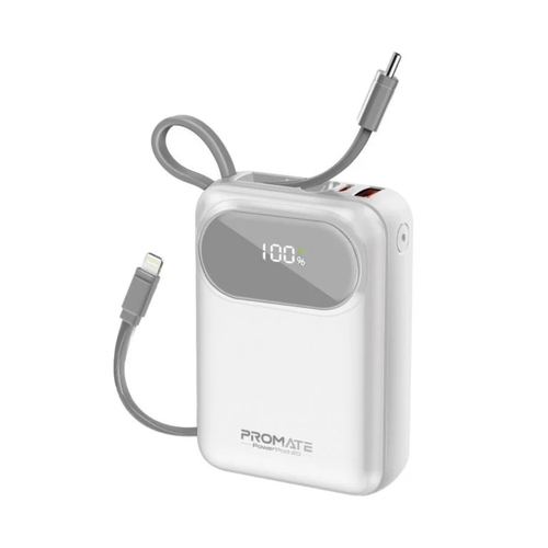 بروميت باور بنك 20000 mah بقوه  35w بمنفدين تايب سي ولايتننق شاشه الكترونيه لون ابيض