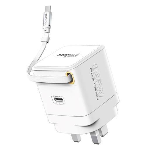 شاحن جداري بروميت Cubix-R65 فائق السرعة بتقنية GaNFast مع كيبل USB-C مدمج لتوصيل الطاقة بقوة 65 واط، منفذ USB-C لتوصيل الطاقة بقوة 65 واط، حماية متقدمة من ارتفاع التيار، نظام حماية متكامل Multi-Protect، تقنية الشحن الذكي - أبيض