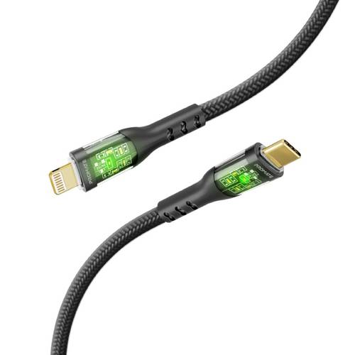 كابل USB-C إلى لايتينينج فائق السرعة، يتيح نقل البيانات والشحن بقوة 27 واط، بطول 1.2 متر، مقاوم للانحناء حتى 25000 مرة ومزود برأس شحن شفاف مطلي بالذهب مع إضاءة LED مما يزيد من متانته وأناقته