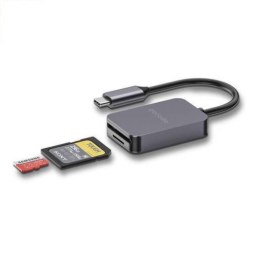 قارئ بطاقات Porodo 2 في 1 USB-C لبطاقات SD و MicroSD - رمادي