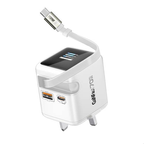 شاحن جداري سريع وذكي بقوة 70 واط, بتقنية GaNFast، مزوّد بكابل USB-C مدمج بطول 80 سم قابل للسحب، ومنفذين USB-C PD حتى 70 واط، ومنفذ USB-A بقوة 60 واط، مع شاشة ذكيةبحجم 1.14 إنش بتتصميم مدمج مثالي لشحن أجهزة MacBook و iPhon17وجميع أجهزة اندرويد الحديثة