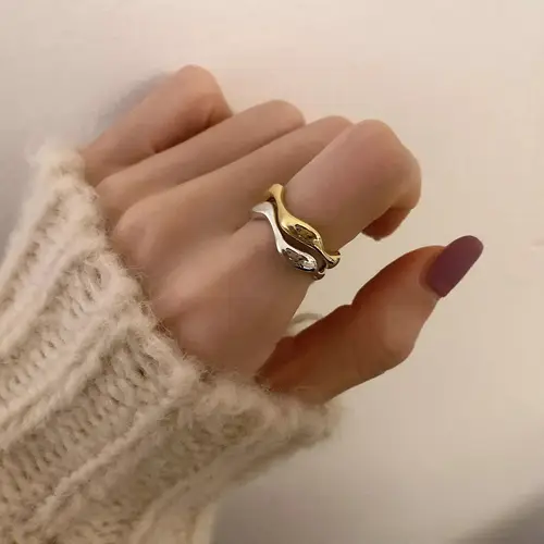 VENTFILLE 925 فضة تصميم غير منتظم موجة الذهبي تكويم خواتم الاصبع العصرية قابل للتعديل للنساء هدايا دروبشيبينغ