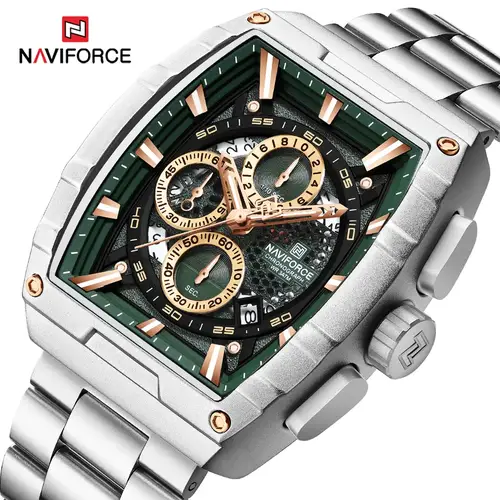 ساعة كوارتز كرونوغراف فاخرة من NAVIFORCE للرجال، ساعات رجالية من الفولاذ المقاوم للصدأ Tonneau مقاومة للماء، ساعة يد مضيئة