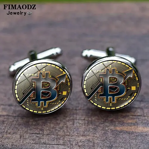 FIMAODZ أزرار أكمام بيتكوين للرجال بت عملة زجاجية مستديرة رائعة عالية الجودة أزرار أكمام أزرار هدايا