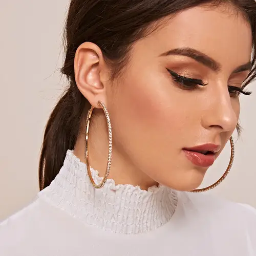 موضة حجر الراين الأقراط الكبيرة للنساء فريدة من نوعها لامعة ارتفع الذهب فضي اللون الأسود دائرة أقراط مجوهرات الزفاف الطرف
