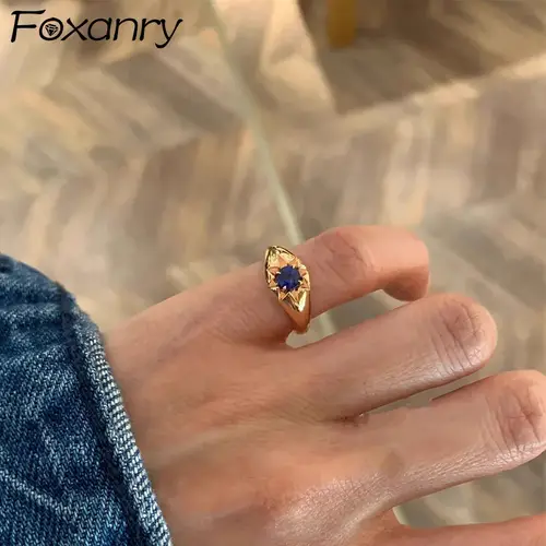 Foxanry الذهب اللون الأزرق الزركون ستار الذيل خواتم للنساء الأزواج رائعة العصرية أنيقة مزاجه المشاركة مجوهرات هدايا