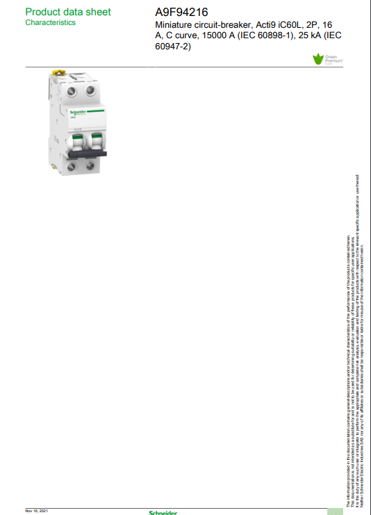 شنايدر - قاطع فرعي 2 خط - 16 أمبير - Acti9 iC60L, 2P, 16A, C Curve