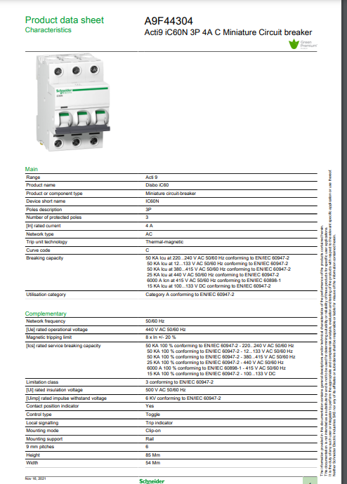 شنايدر - قاطع فرعي 3 خط - 4 أمبير - Acti9 iC60N, 3P, 4A, C Curve