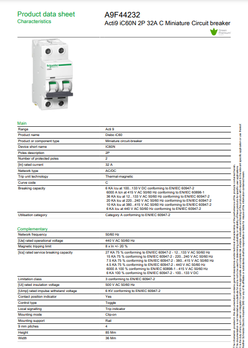 شنايدر - قاطع فرعي 2 خط - 32 أمبير - Acti9 iC60N, 2P, 32A, C Curve