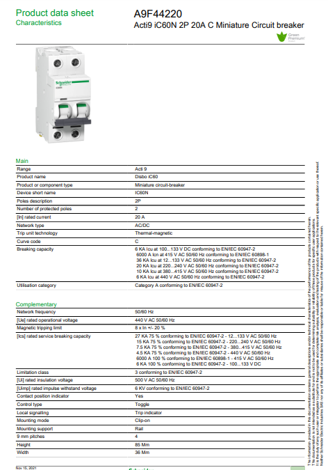 شنايدر - قاطع فرعي 2 خط - 20 أمبير - Acti9 iC60N, 2P, 20A, C Curve