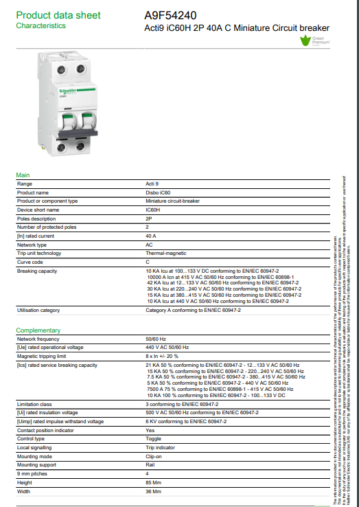 شنايدر - قاطع فرعي 2 خط - 40 أمبير - Acti9 iC60H, 2P, 40A, C Curve
