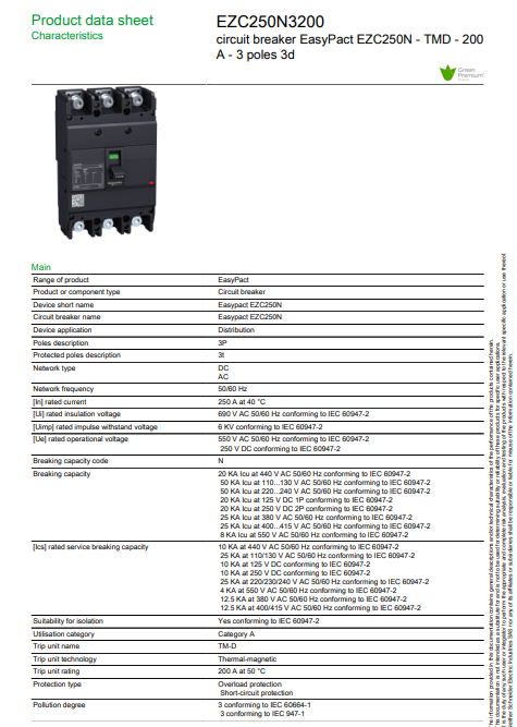 شنايدر - قاطع رئيسي 200 أمبير - EasyPact EZC250N, 3P, 200A, 25kA 400/415V, TMD Trip Unit