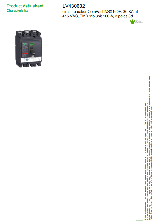 شنايدر - قاطع رئيسي 100 أمبير - ComPact NSX160F, 3P 3d, 36kA at 415 VAC, TMD Trip Unit 100A