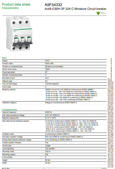 شنايدر - قاطع فرعي 3 خط - 32 أمبير - Acti9 iC60H, 3P, 32A, C Curve