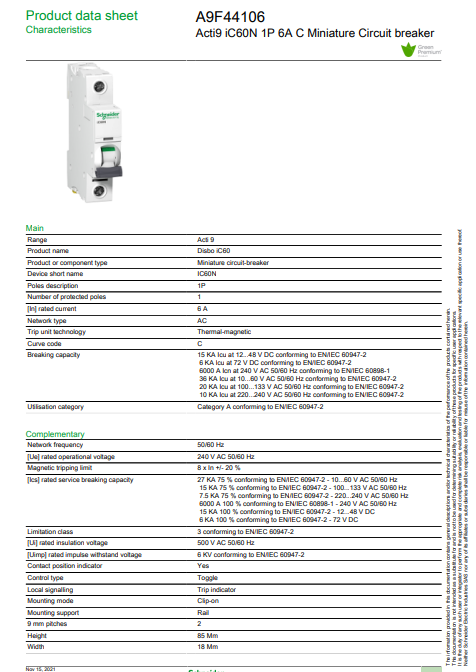 شنايدر - قاطع فرعي 1 خط - 6 أمبير - Acti9 iC60N, 1P, 6A, C Curve