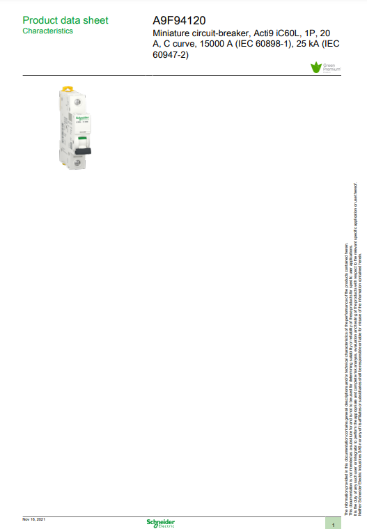 شنايدر - قاطع فرعي 1 خط - 20 أمبير - Acti9 iC60L, 1P, 20A, C Curve