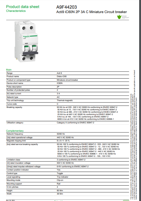 شنايدر - قاطع فرعي 2 خط - 3 أمبير - Acti9 iC60N, 2P, 3A, C Curve