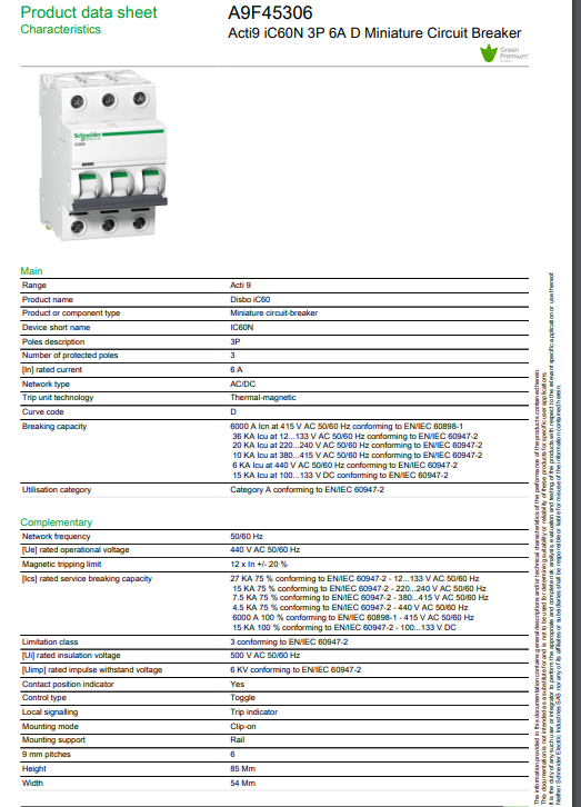 شنايدر - قاطع فرعي 3 خط - 6 أمبير - Acti9 iC60N, 3P, 6A, D Curve