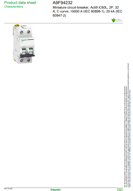 شنايدر - قاطع فرعي 2 خط - 32 أمبير - Acti9 iC60L, 2P, 32A, C Curve
