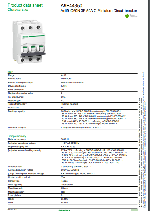 شنايدر - قاطع فرعي 3 خط - 50 أمبير - Acti9 iC60N, 3P, 50A, C Curve