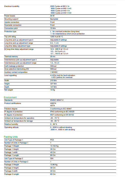 شنايدر - قاطع رئيسي 1250 أمبير - ComPact NS1250N, 50 kA at 415 VAC, Micrologic 2.0 Trip Unit, 1250 A, Fixed, 3P 3d