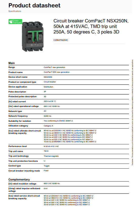 شنايدر - قاطع 250 أمبير - 3 خط - NSX250N, 50kA at 415VAC, TMD Trip Unit
