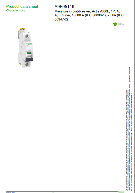 شنايدر - قاطع فرعي 1 خط - 16 أمبير - Acti9 iC60L, 1P, 16A, K Curve