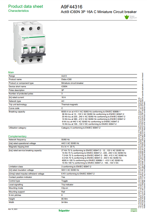 شنايدر - قاطع فرعي 3 خط - 16 أمبير - Acti9 iC60N, 3P, 16A, C Curve