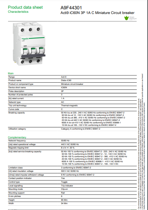 شنايدر - قاطع فرعي 3 خط - 1 أمبير - Acti9 iC60N, 3P, 1A, C Curve