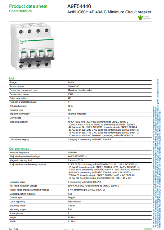 شنايدر - قاطع فرعي 4 خط - 40 أمبير - Acti9 iC60H, 4P, 40A, C Curve