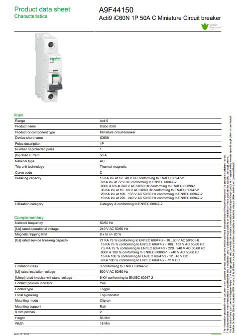 شنايدر - قاطع فرعي 1 خط - 50 أمبير - Acti9 iC60N, 1P, 50A, C Curve