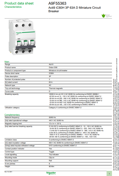 شنايدر - قاطع فرعي 3 خط - 63 أمبير - Acti9 iC60H, 3P, 63A, D Curve