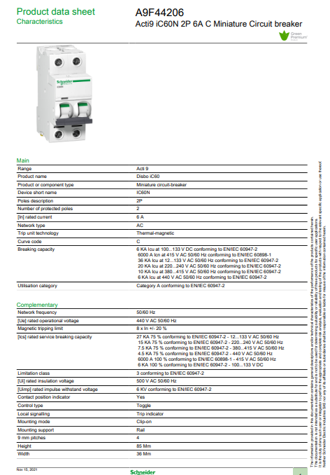 شنايدر - قاطع ف رعي 2 خط - 6 أمبير - Acti9 iC60N, 2P, 6A, C Curve