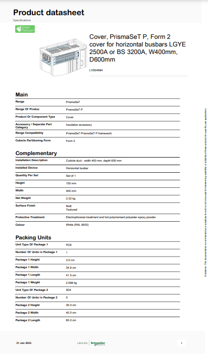 شنايدر - إكسسوار لوحة خدمة - FORM 2 COVER HORZ.BUSBAR W400 D600