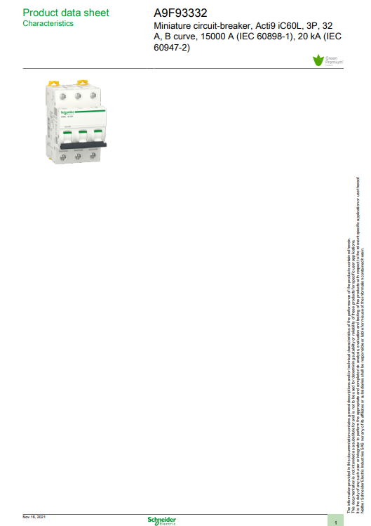 شنايدر - قاطع فرعي 3 خط - 32 أمبير - Acti9 iC60L, 3P, 32A, B Curve
