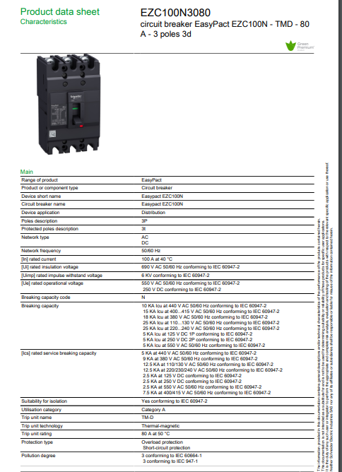 شنايدر - قاطع رئيسي 80 أمبير - EasyPact EZC100N, 3P, 80A, 15kA 400/415V, TMD Trip Unit