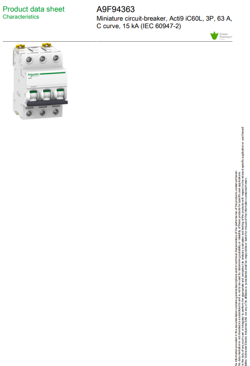 شنايدر - قاطع فرعي 3 خط - 63 أمبير - Acti9 iC60L, 3P, 63A, C Curve