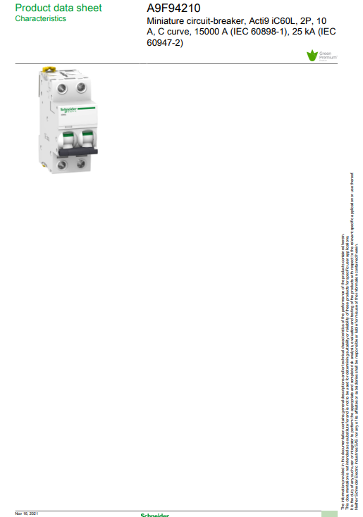 شنايدر - قاطع فرعي 2 خط - 10 أمبير - Acti9 iC60L, 2P, 10A, B Curve