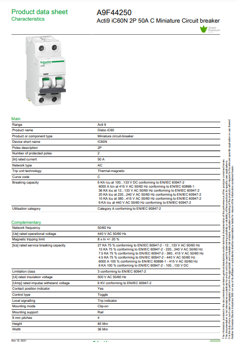 شنايدر - قاطع فرعي 2 خط - 50 أمبير - Acti9 iC60N, 2P, 50A, C Curve