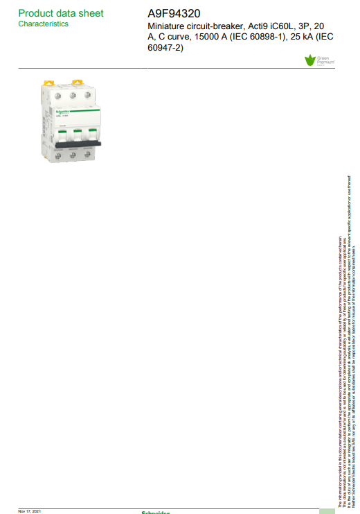 شنايدر - قاطع فرعي 3 خط - 20 أمبير - Acti9 iC60L, 3P, 20A, C Curve