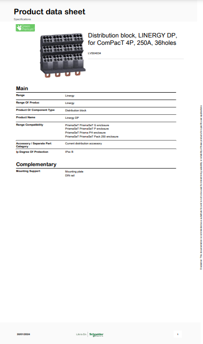 شنايدر - إكسسوار لوحة خدمة - LINERGY DP 4P D.BLK/COMPACT 250A 36HOLES