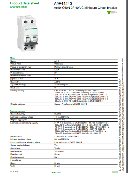 شنايدر - قاطع فرعي 2 خط - 40 أمبير - Acti9 iC60N, 2P, 40A, C Curve
