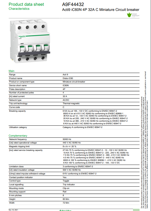 شنايدر - قاطع فرعي 4 خط - 32 أمبير - Acti9 iC60N, 4P, 32A, C Curve