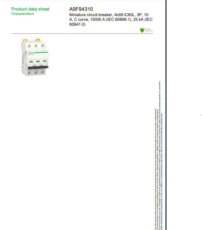 شنايدر - قاطع فرعي 3 خط - 10 أمبير - Acti9 iC60L, 3P, 10A, C Curve