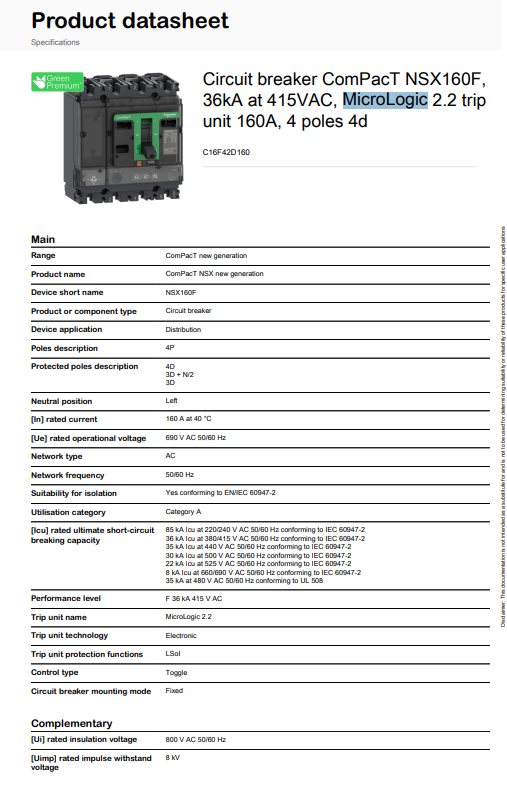 شنايدر - قاطع 160 أمبير - 4 خط - NSX160F, 36kA at 415VAC, MicroLogic 2.2 Trip Unit