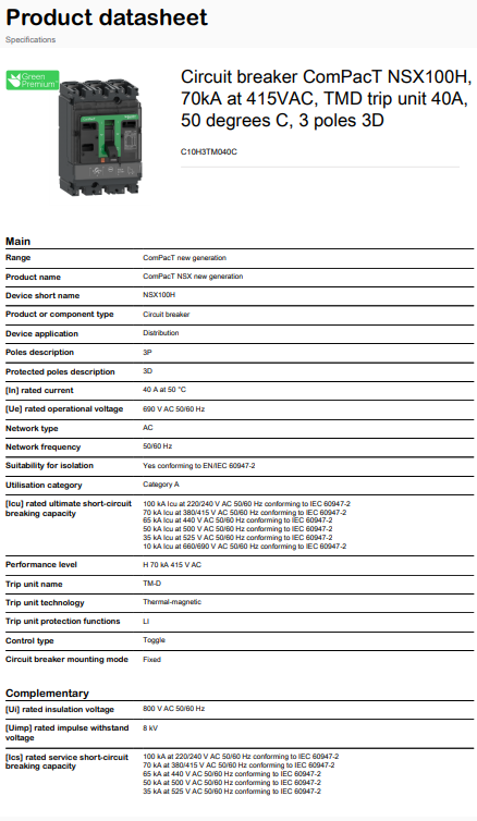شنايدر - قاطع 40 أمبير - 3 خط - NSX100H, 70kA at 415VAC, TMD Trip Unit
