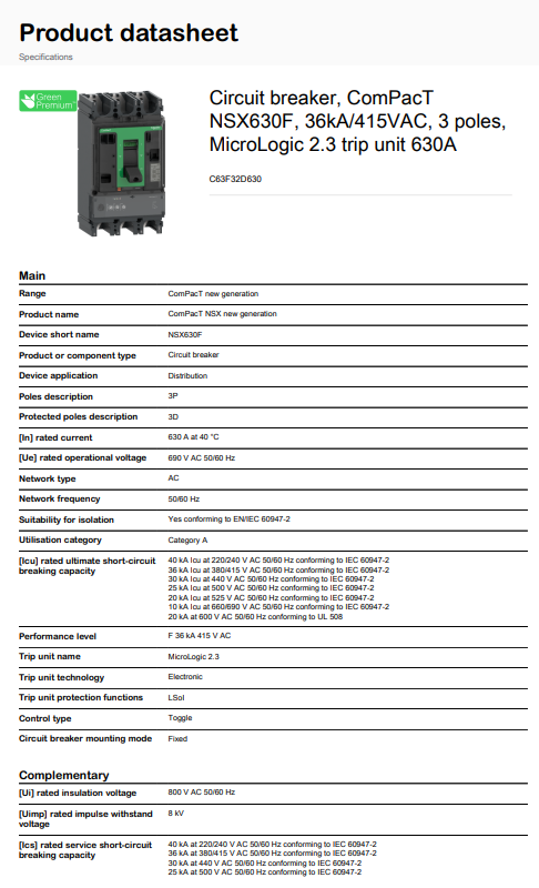 شنايدر - قاطع 630 أمبير - 3 خط - NSX630F, 36kA at 415VAC, MicroLogic 2.3 Trip Unit
