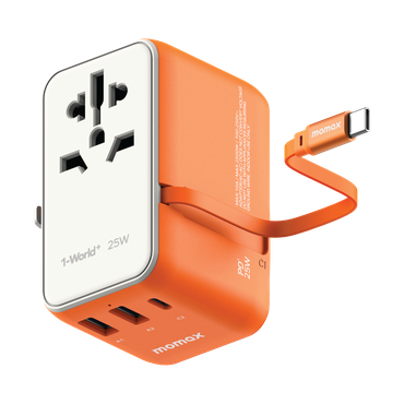 MOMAX 1-WORLD 25W 3 PORT WITH BUILT-IN USB-C CABLE AC TRAVEL ADAPTOR