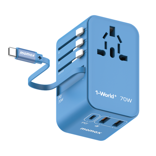 MOMAX 1-WORLD+ 70W GAN 3-PORT + AC TRAVEL WITH RETRACTABLE USB-C CABLE 