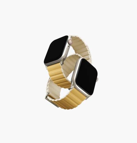 UNIQ REVIX APPLE WATCH 49/45/44/42MM BAND REVERSIBLE LEATHER/SILICONE STRAP -YELLOW/IVORY